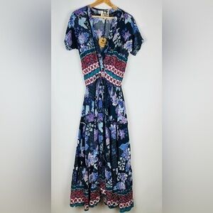 NWT Jaase Navy Floral Short Sleeve V-neck Maxi Dress